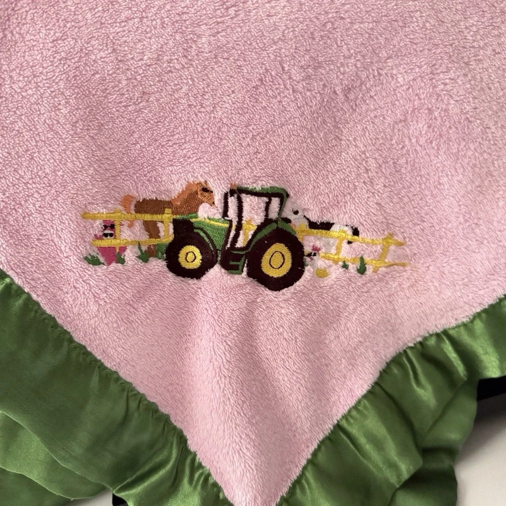 John Deere Pink Baby Blanket‎ Green Edge Embroidered Logo